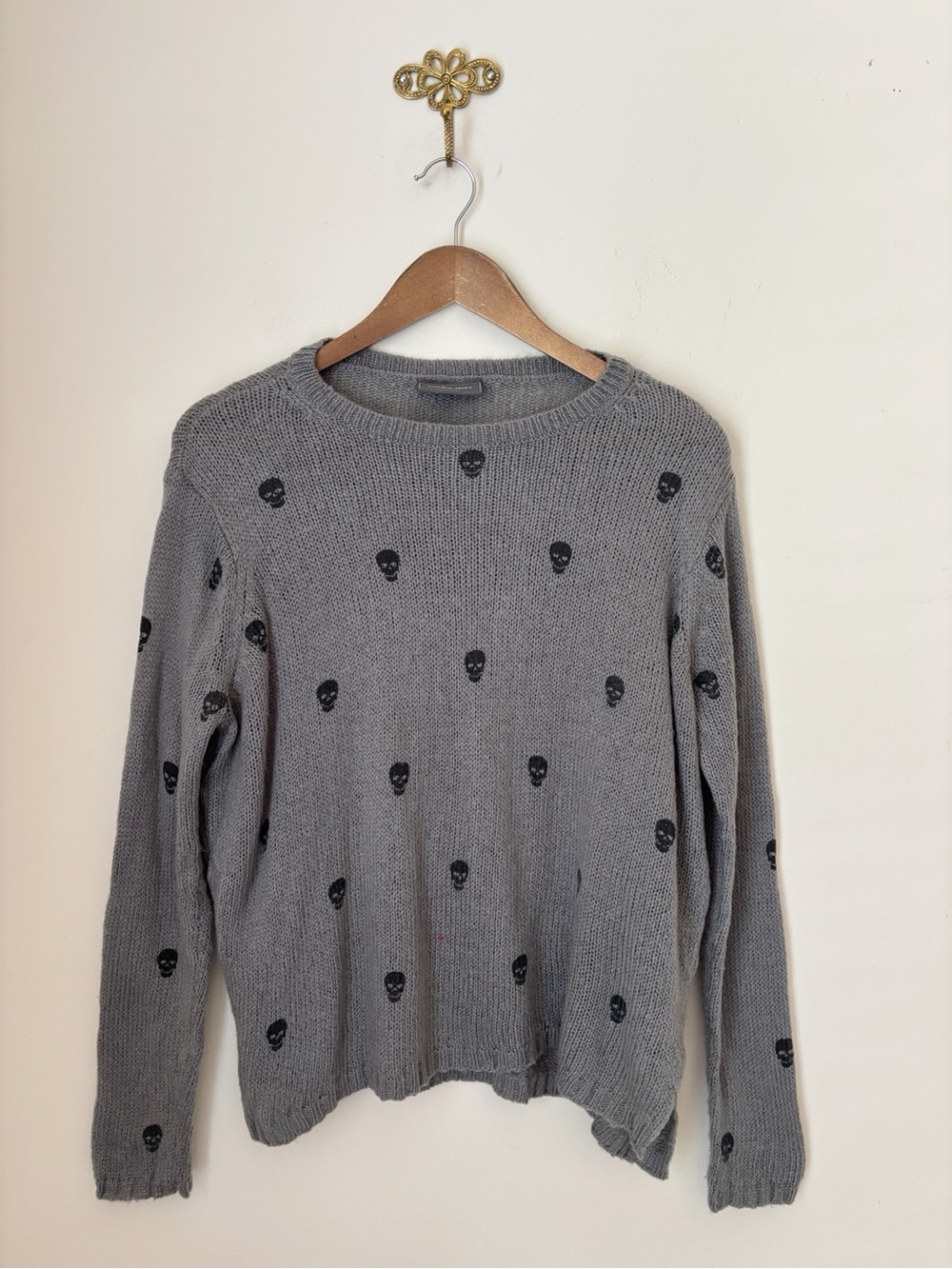 Wooden Ships Grey Mini Skull Crew Neck Sweater XS